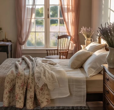 Farmhouse bedroom with rustic wood accents, soft linens, and cozy charm – Farmhouse interior design 