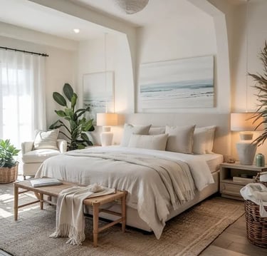 Coastal-inspired bedroom with oceanic tones, natural textures, and airy decor.