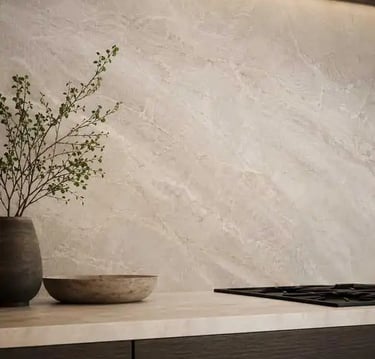 Luxury Minimal Kitchen Backsplash Ideas | Full Height Stone Slab, Seamless Neutral Design, Modern 