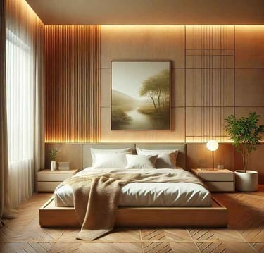 Minimalist bedroom with clean lines and a calming neutral color scheme.