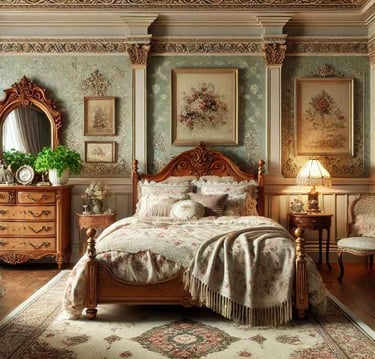 Vintage bedroom decor with antique furniture and soft, romantic tones.
