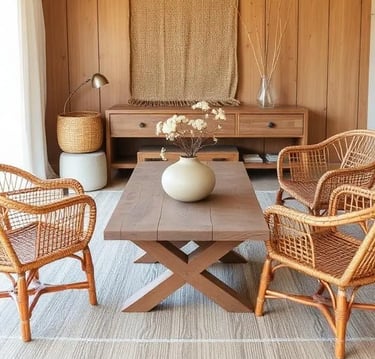Afro bohemian Cozy seating area with a neutral sofa, wooden coffee table, and woven chair