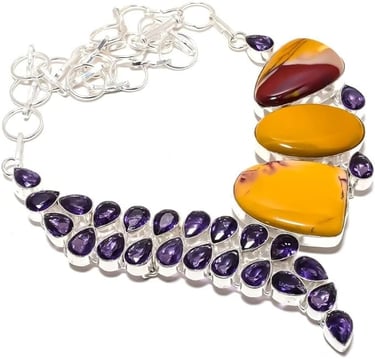 Modernist Big Multi-Stone Handmade Collar Necklace Tiger Eye, Amethyst Quartz
