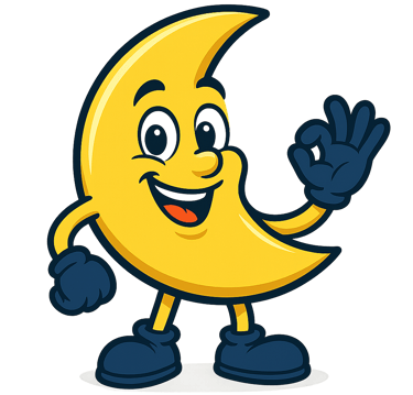 Un personnage de dessin animé en forme de lune jaune souriante levant la main dans un signe OK porta