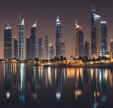 A modern urban scene featuring tall palm trees, skyscrapers, and the entrance to a shopping mall with the name 'Dubai Mall' prominently displayed. The architecture is sleek and contemporary, with flags lining the pathway to the entrance.