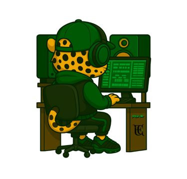  Leopardo Fresh CBD frente a ordenador con gorra y sudadera, estilo oficina