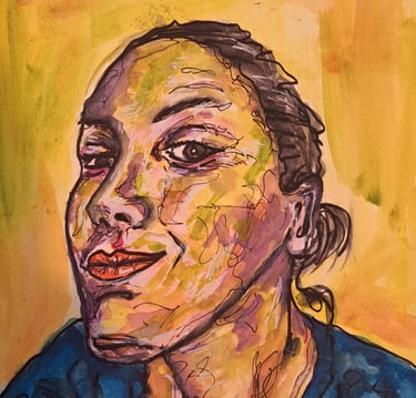 Self-portrait of a woman with a subtle smirking smile, conveying a quiet, confident expression.