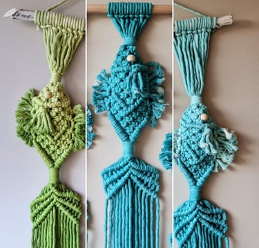 Fish macrame made with colored cotton yarns, green, blue, turquoise