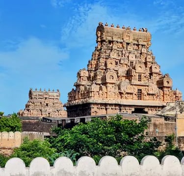 Perspective shot showing gateways and vimana of the Big Temple in a single frame