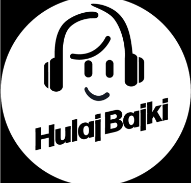 Logo HulajBajki - uśmiech dziecka w słuchawkach, czarny znak na białym tle.