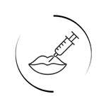 Line art icon of a syringe performing a cosmetic lip filler injection procedure.