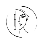 Minimalist line art icon of a woman's face next to a cosmetic filler injection syringe for beauty treatments.