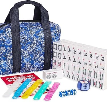 mahjong tile set with a blue and white bag