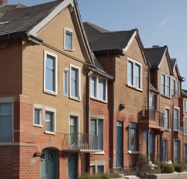 A welcoming row of well-maintained homes with a council worker and landlord shaking hands in front.