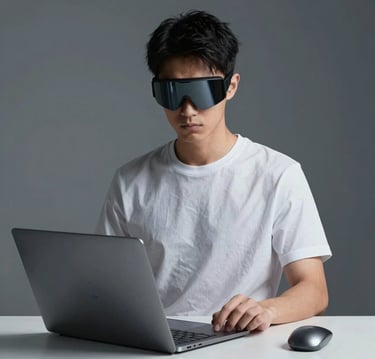Cyberpunk-styled young man avatar with neon blue and purple highlights glowing under city lights.