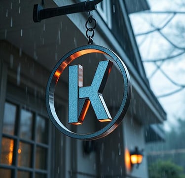 metal and steel cut sign hanging outside of a house