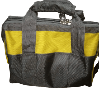 a yellow and gray makeup bag with handle 