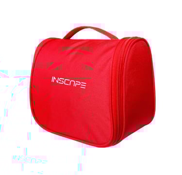 a red makeup bags with inscape logo on it