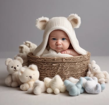 a baby in a basket with stuffed animals