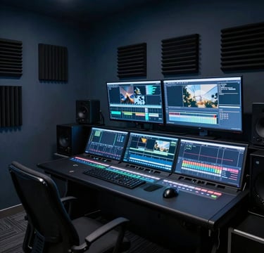 A wide-angle, cinematic photograph of a high-end video editing suite. The room is styled in dark navy and slate blue, with ambient light coming from glowing monitors displaying high-contrast footage. Professional equipment and acoustic paneling create a mood of established professionalism and cutting-edge creativity.