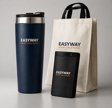 Promotional products including mugs, bags, apparel and branded giveaways