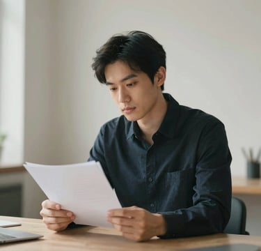 A cinematic, spontaneous portrait of a professional copywriter in a minimalist, sun-drenched studio. The subject is captured in a candid moment, looking at a draft. The lighting is soft and artistic, reflecting an elegant and sophisticated mood. The background features textures in #F8F6F2 and #C1C4BF, with sharp focus on the subject and a shallow depth of field.