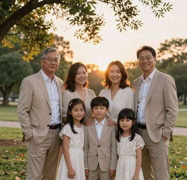 A heartfelt, candid photograph of a happy family during a sunset session in a North American / US park. The composition is artistic and warm, with soft golden light reflecting off Sage Green leaves. The family wears elegant, neutral-toned clothing in Stone Khaki and Mist White, looking professional yet heartfelt.