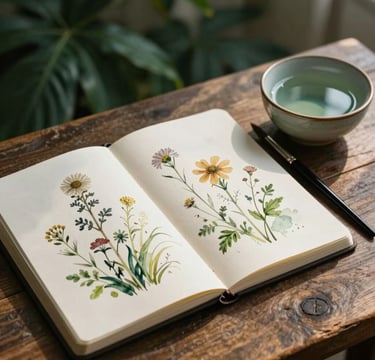 A high-angle photograph of a serene workspace. On a rustic wooden table, there is an open sketchbook showing delicate botanical watercolor illustrations of wildflowers. Beside the sketchbook lies a professional paintbrush and a small ceramic bowl of water. Soft morning light creates gentle shadows. The palette features deep forest green, muted moss green, and warm cream white tones.