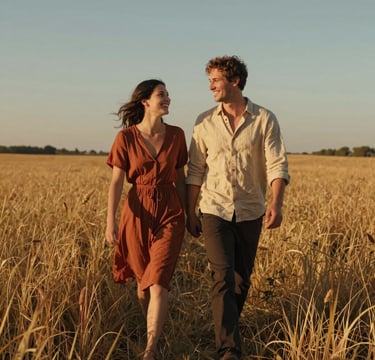 A cinematic wide shot of a young couple walking through a golden meadow at sunset. The lighting is warm and sun-drenched, casting long shadows. They are laughing naturally. The woman wears a terracotta dress, and the man wears a soft sand linen shirt. Authentic and elegant storytelling photography.
