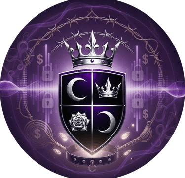 Vaeloria's crest of 2 moons, a crown and rose set in a shield with wings. a crown under barbed wire sit at the top