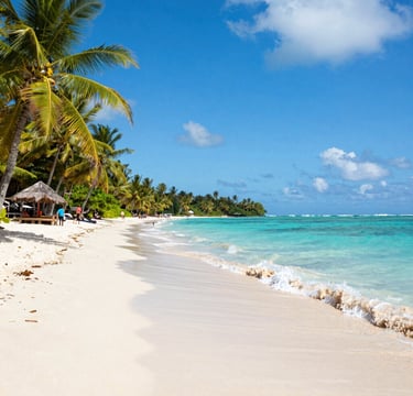 Tropical beach with white sand, turquoise water, and palm trees under a blue sky.