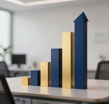 A sleek, modern abstract representation of business growth and innovation, such as a futuristic geometric chart or high-tech workspace. The composition exudes a sophisticated and forward-thinking professionalism. Lighting is clean and dramatic, incorporating brand colors of deep navy blue (#0A1128, #1E3F66) with striking gold/yellow accents (#E2B941) against light neutral tones (#F5F8FA).