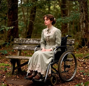 Sarah sitting in her wheeled chair in her empty quiet place