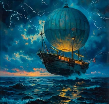 The airship Abigail rises above the ocean in stormy weather
