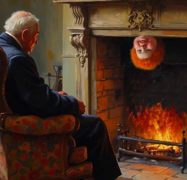 The head of the genie appears upside down hanging from within the fireplace.