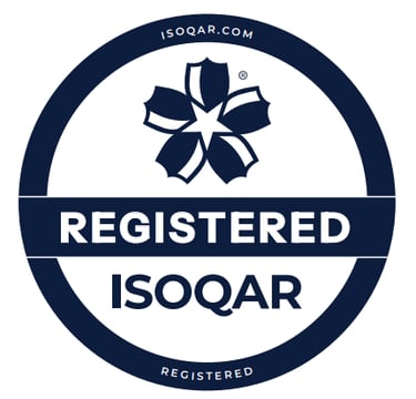 Official ISOQAR registered certification logo with blue circular emblem and floral icon.