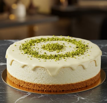 tarta de queso de chocolate blanco y pistachos