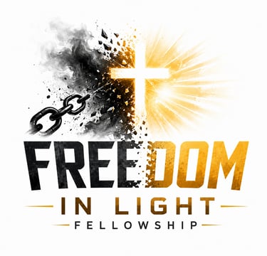Freedom in Light Fellowship logo featuring a glowing cross breaking dark chains with light rays.