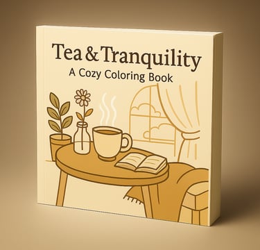 Tea and Tranquility cozy coloring book with a warm tan illustrated cover showing a tea scene