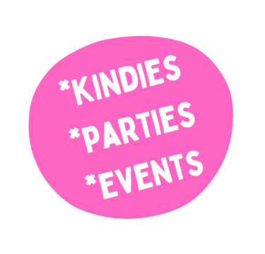 White letters on a pink background spelling Kindies, Parties, Events