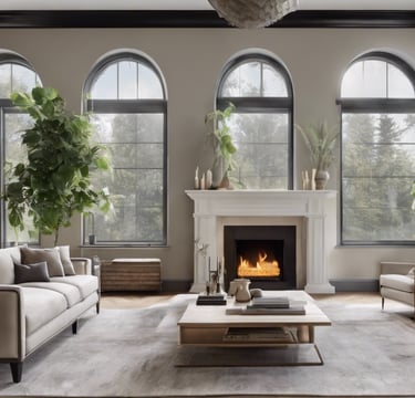 a living room with a fireplace and a fireplace