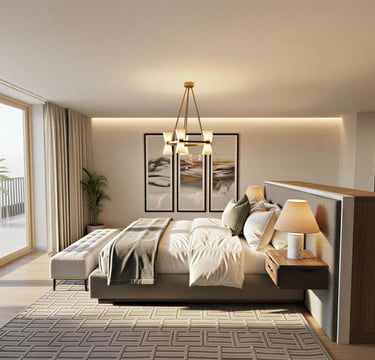 Modern luxury master bedroom with a king-size bed, gold chandelier, and balcony view.
