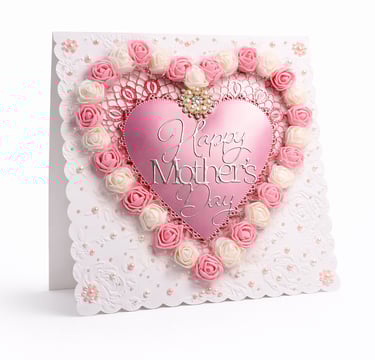 Elegant Happy Mother's Day card featuring a pink heart surrounded by white and pink roses. 