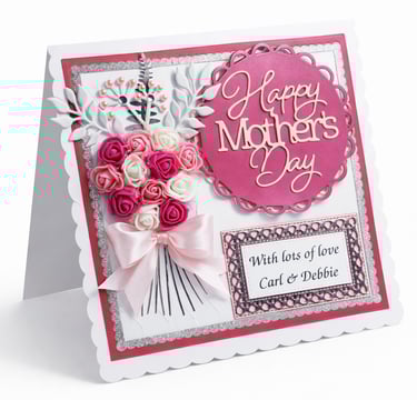 Handmade Mother's Day card with a satin bow, and bouquet of roses