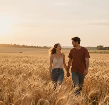 A cinematic, wide-angle shot of a couple walking hand-in-hand through a sun-drenched wheat field during golden hour. The lighting is warm and hazy, highlighting spontaneous laughter and genuine connection. The palette includes warm ochre, soft sand (#FDF8F0), and burnt terracotta (#AD7B5B) tones in the landscape, creating a heartfelt and inviting atmosphere.