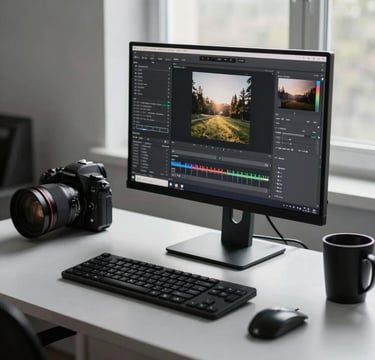 A professional photographer's workspace in a North American studio featuring a high-end monitor displaying a photo editing interface, charcoal black equipment, and a sleek light gray desk surface illuminated by natural window light.