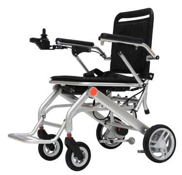 Foldable lightweight wheelchair with rear casters and joystick