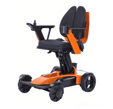 Orange four-wheel travel scooter with thick padded seat