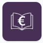 Purple square icon featuring a white open book with a Euro currency symbol.