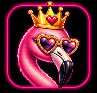 Pixel art pink flamingo wearing a gold crown and heart-shaped sunglasses in a neon pink frame.